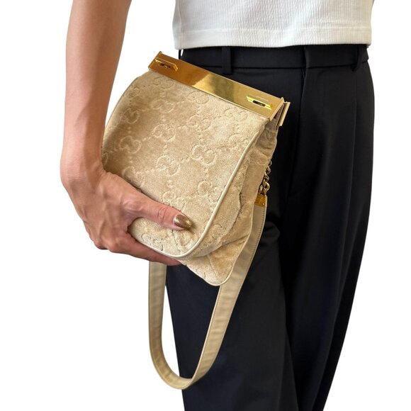 GUCCI Vintage GG Monogram Logo Shoulder Bag Crossbody Cream Gold Velour [105802] - Picture 3 of 13